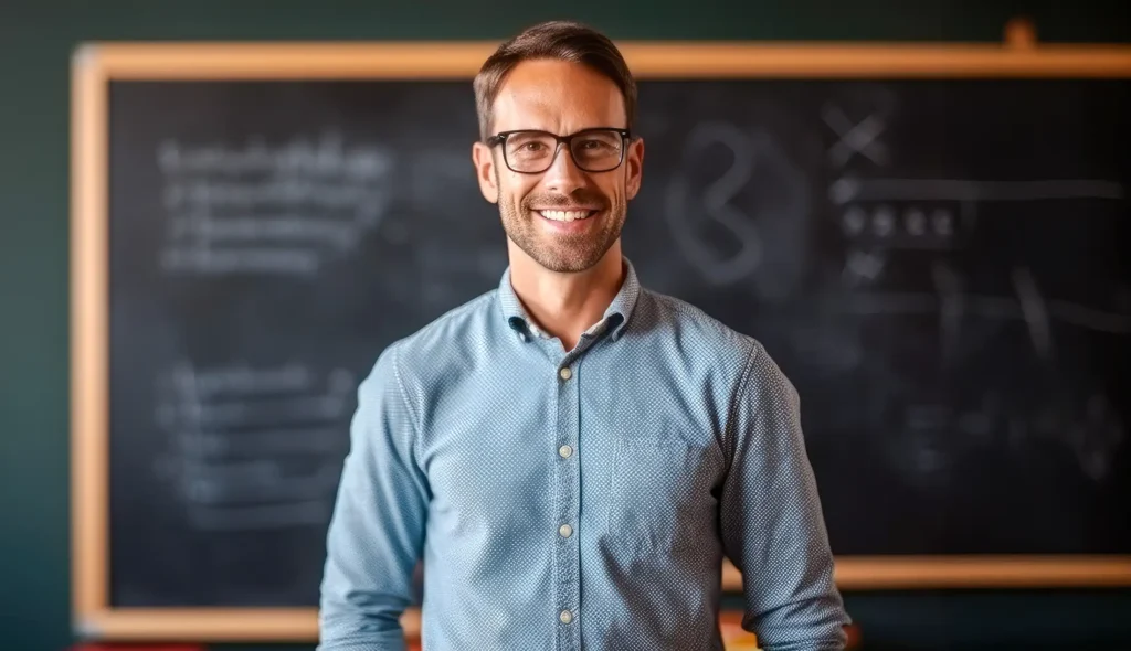 Young male teacher standing in front of blackboard